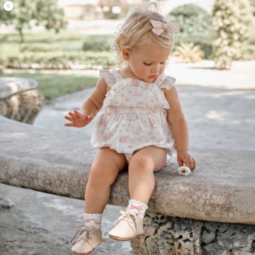 Elegant Baby Swan Print Romper Sunsuit 12-18M Ruffle Cotton Baby Outfit - Picture 2 of 5